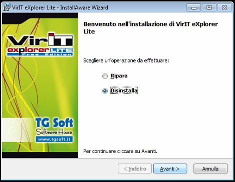 Finestra di Disinstallazione di VirIT eXplorer Lite Finestra di Disinstallazione di VirIT eXplorer Lite