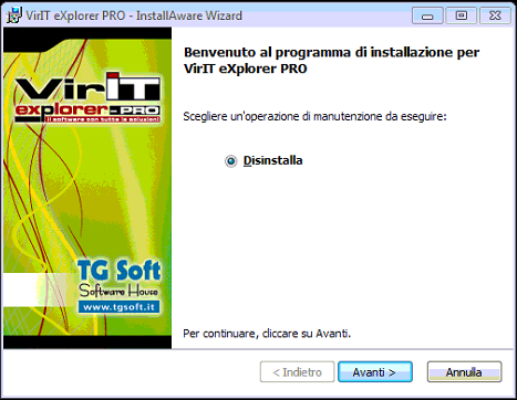 Finestra di Disinstallazione di VirIT eXplorer PRO Finestra di Disinstallazione di VirIT eXplorer PRO