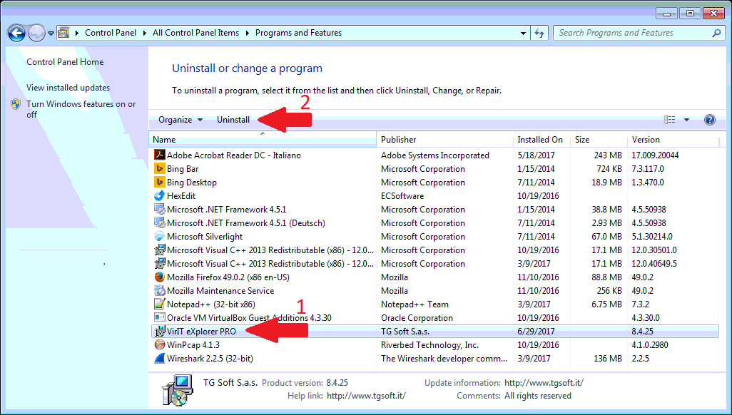 VirIT eXplorer PRO program selection from the list of installed programs VirIT eXplorer PRO program selection from the list of installed programs