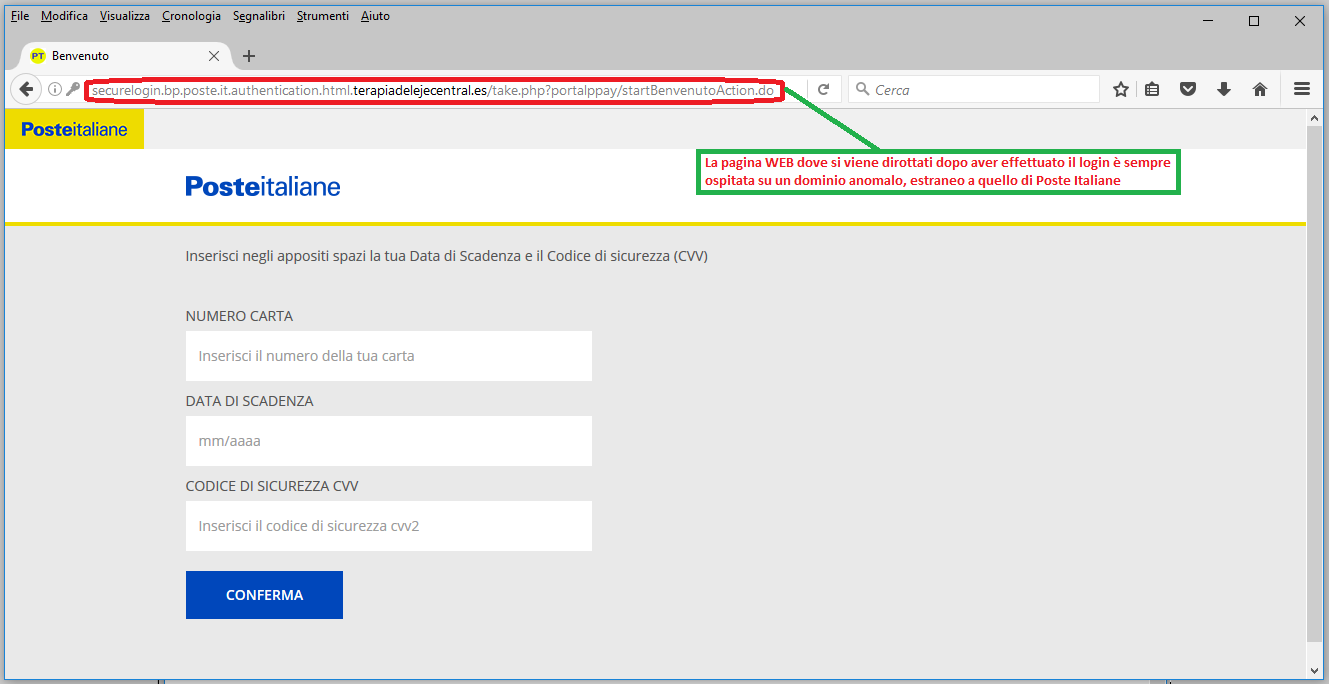 Clicca per ingrandire l'immagine del FALSO form di autenticazione di Poste Italiane, che induce l'ignaro ricevente ad inserire i dati relativi alla sua carta PostePay