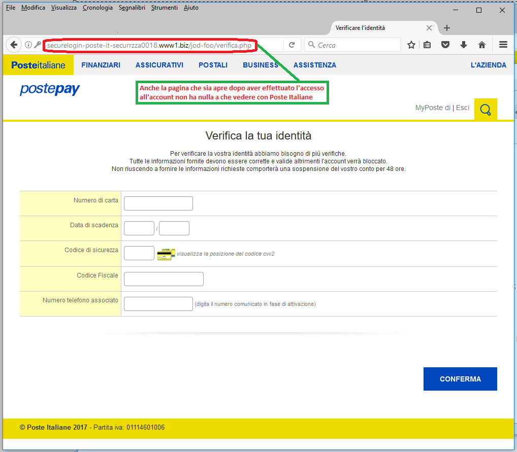 Clicca per ingrandire l'immagine del FALSO form di autenticazione di Poste Italiane, che induce l'ignaro ricevente ad inserire i dati relativi alla sua carta PostePay