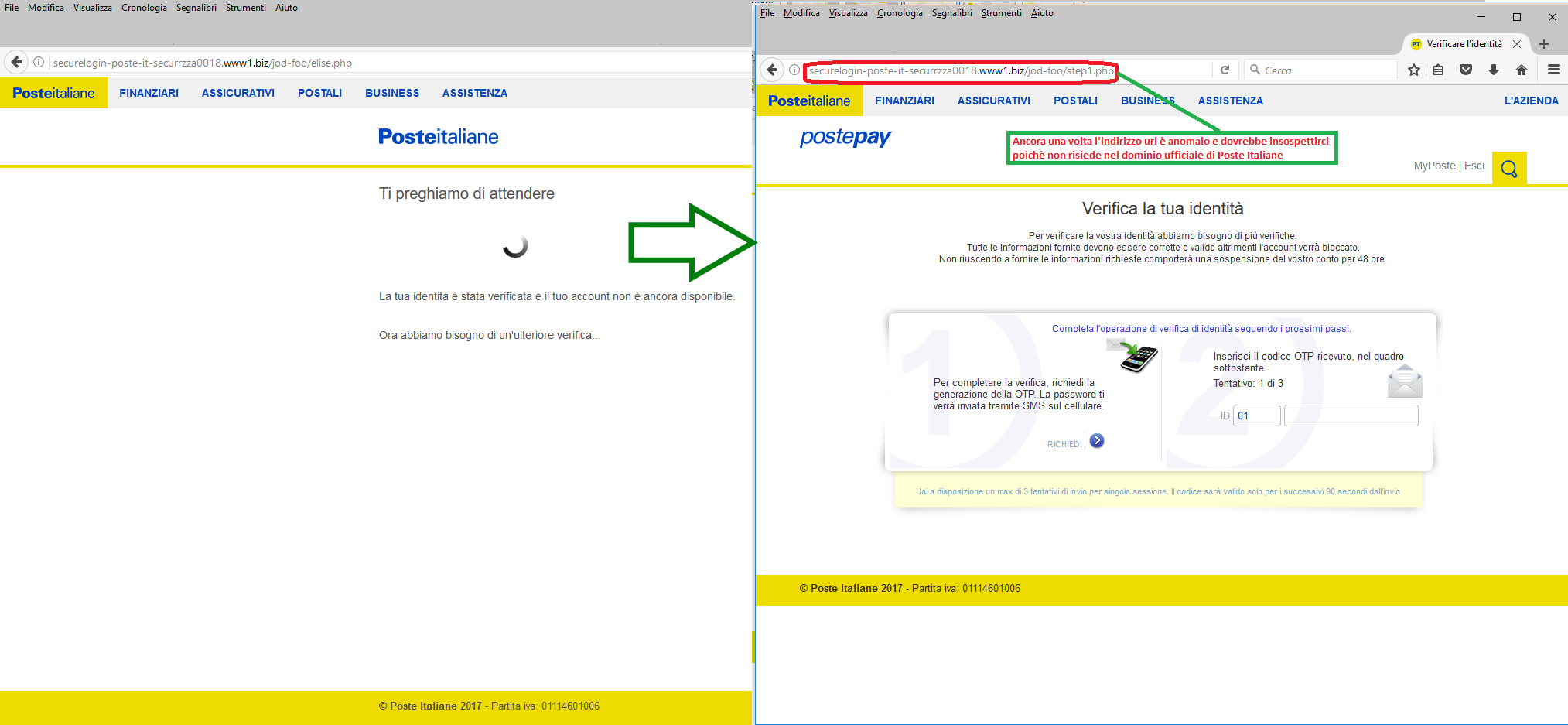 Clicca per ingrandire l'immagine del FALSO form di verifica identità di Poste Italiane, che induce l'ignaro ricevente ad inserire anche il codice OTP