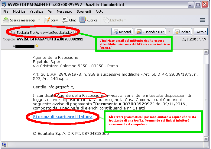 Immagine della falsa email che dissimula EQUITALIA e tenta di diffonde nuove varianti di CTB-Locker