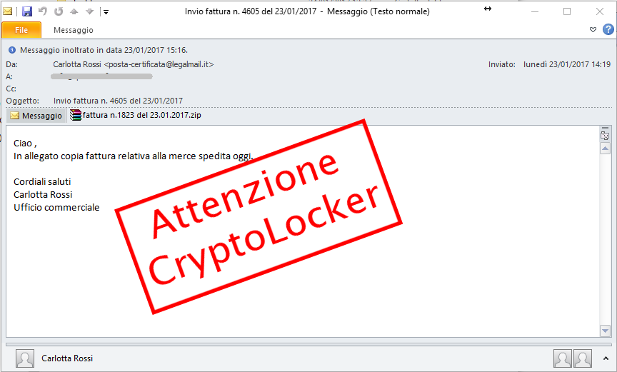 Immagine della falsa email che segnala in allegato fattura da saldare e tenta di diffonde nuove varianti di CryptoLocker