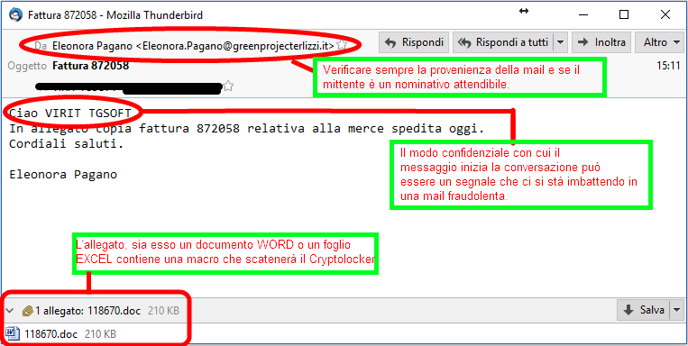 Immagine della falsa email che segnala in allegato fattura da saldare e tenta di diffonde nuove varianti di CryptoLocker Immagine della falsa email che segnala in allegato fattura da saldare e tenta di diffonde nuove varianti di CryptoLocker