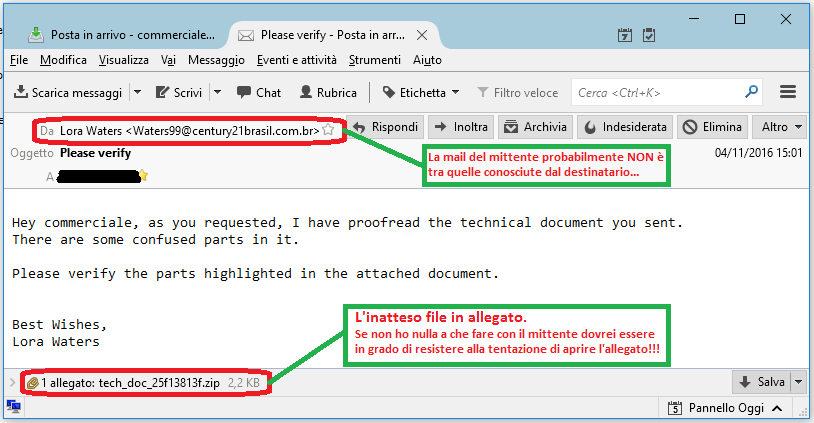 La mail fake "Please verify" che ti invita a consultare l'allegato e scatena CryptoLocky