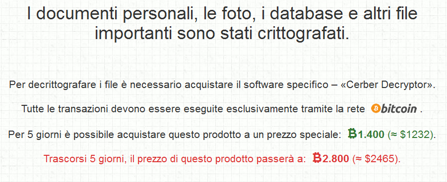 Clicca per ingrandire l'immagine della richiesta di riscatto da parte del Cryptomalware