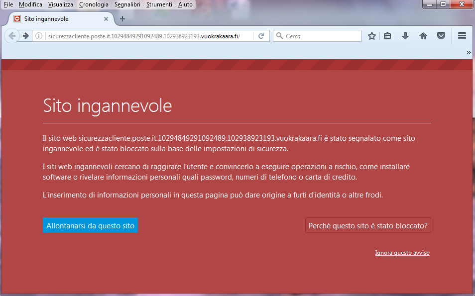 Clicca per ingrandire l'immagine della finestra di Alert di Mozilla Firefox di un sito segnalato come INGANNEVOLE