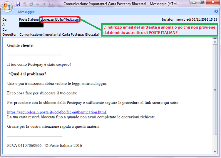 Clicca per ingrandire l'immagine della falsa e-mail di POSTE ITALIANE, che cerca di rubare i codici della PostePay dell'ignaro ricevente