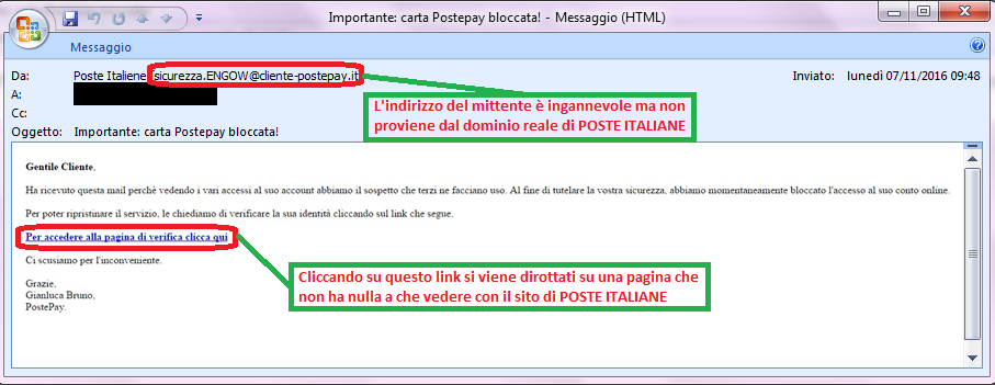 Clicca per ingrandire l'immagine della falsa e-mail di POSTE ITALIANE, che cerca di rubare i codici della PostePay dell'ignaro ricevente