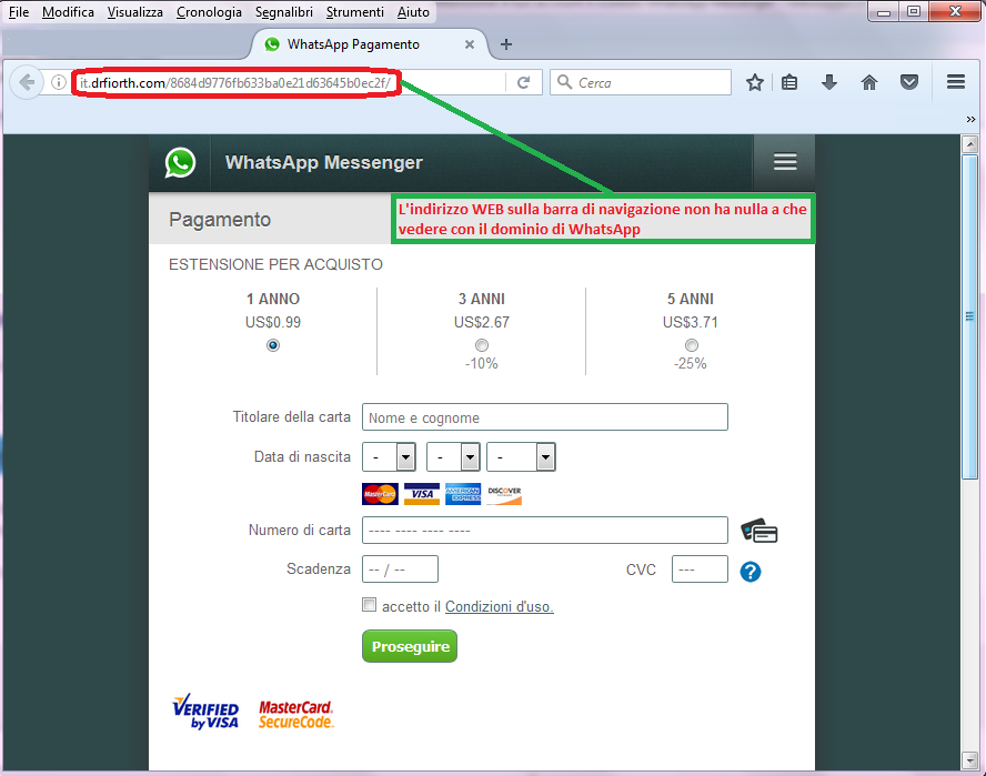 Clicca per ingrandire l'immagine del FALSO sito di WhatsApp Messenger, che induce l'ignaro ricevente ad inserire i codici della carta di credito per poter rinnovare il servizio