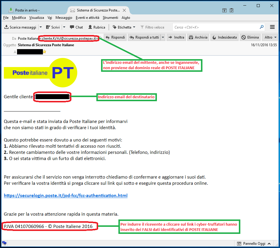 Clicca per ingrandire l'immagine della falsa e-mail di POSTE ITALIANE, che cerca di rubare i codici del conto corrento online del ricevente