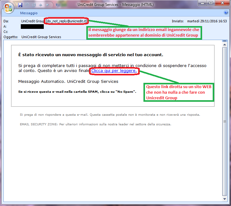 Clicca per ingrandire l'immagine della falsa e-mail di UniCredit Group, che cerca di rubare i codici di accesso al conto corrente online dell'ignaro ricevente