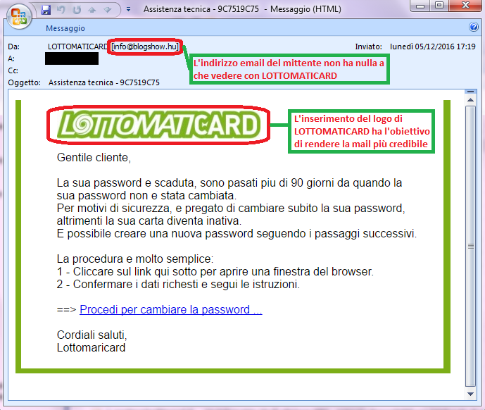 Clicca per ingrandire l'immagine della falsa e-mail di LOTTOMATICARD, che cerca di rubare i codici della carta prepagata ricaricabile