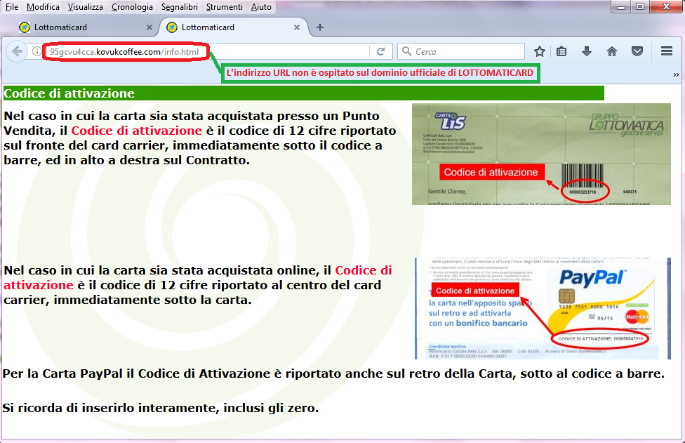 Clicca per ingrandire l'immagine della FALSA pagina di LOTTOMATICARD che fornisce indicazioni sui codici da inserire nel FALSO form