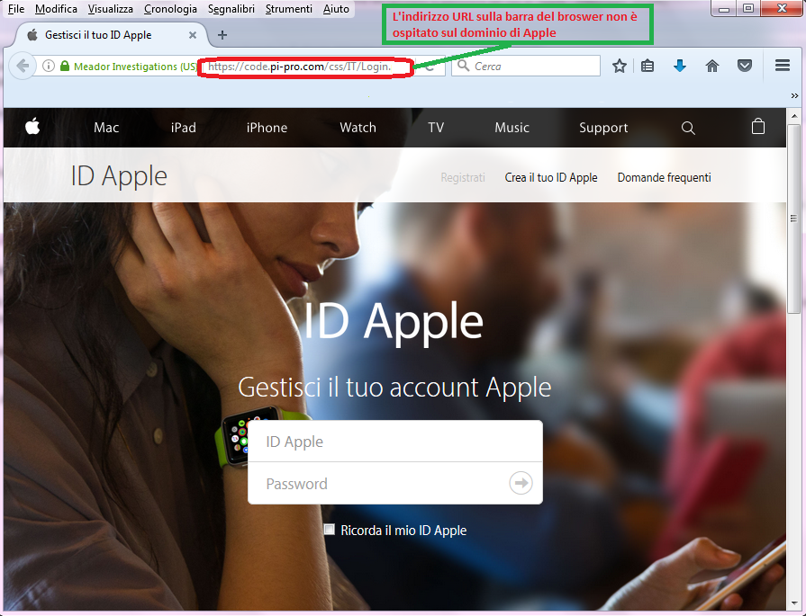 Clicca per ingrandire l'immagine della FALSO sito internet di APPLE, che cerca di indurre il ricevente a cliccare sui link per rubare le credenziali di accesso di Apple ID
