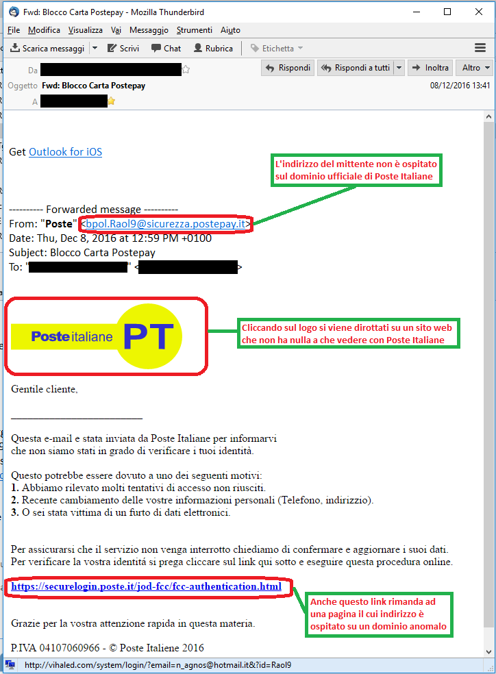 Clicca per ingrandire l'immagine della falsa e-mail di Poste Italiane, che cerca di rubare i codici di accesso al conto corrente online dell'ignaro ricevente