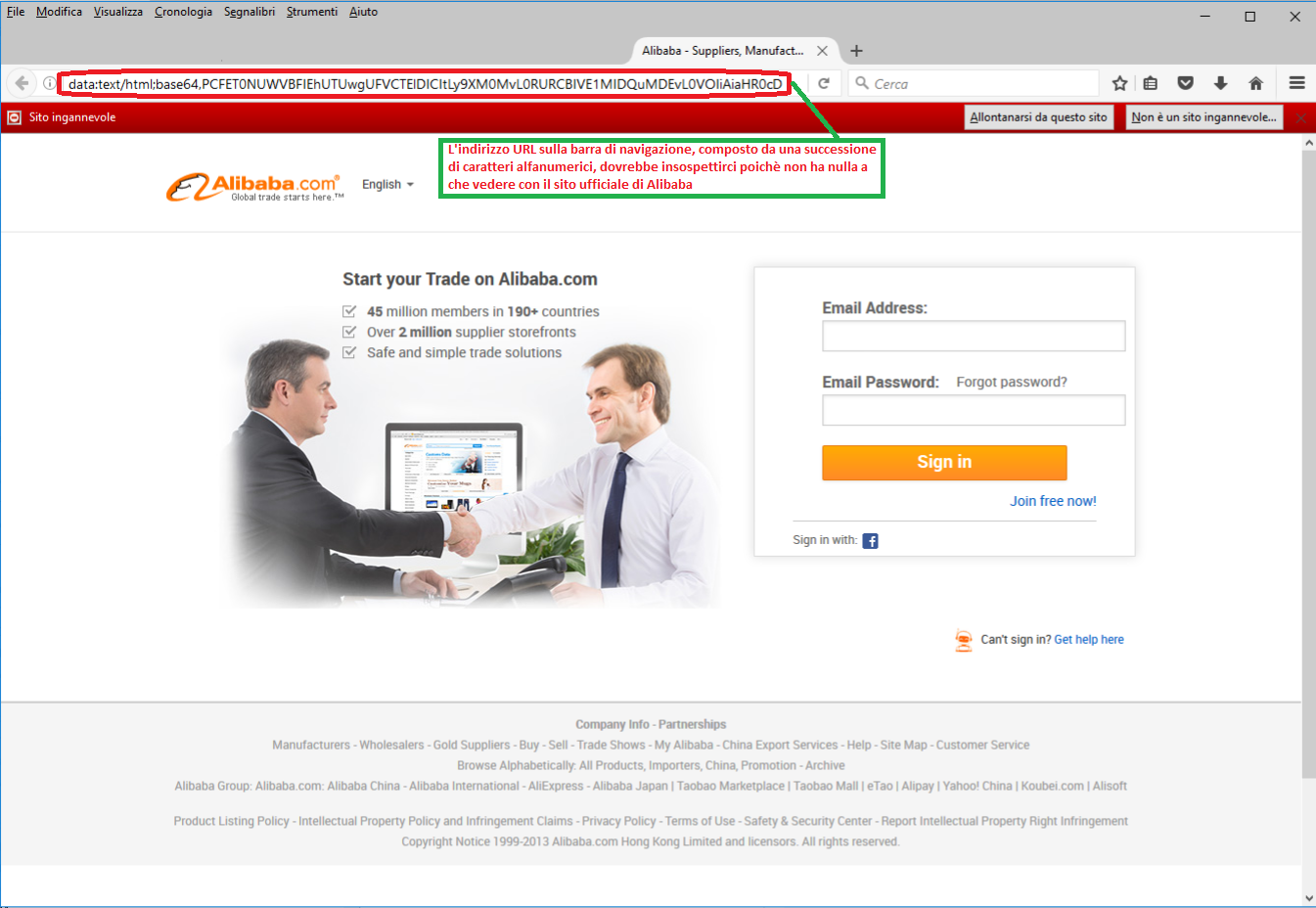 Clicca per ingrandire l'immagine del FALSO form di autenticazione di Alibaba, che induce l'ignaro ricevente ad inserire i codici di accesso al suo account