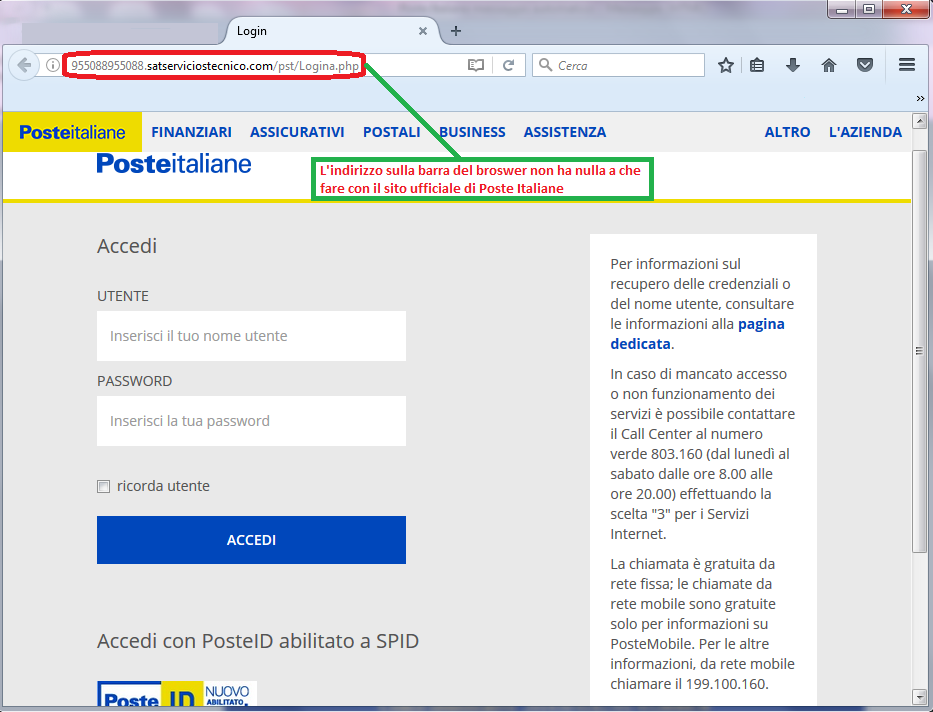 Clicca per ingrandire l'immagine del FALSO form di autenticazione di Poste Italiane, che induce l'ignaro ricevente ad effettuare il login del suo account