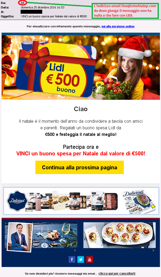 Clicca per ingrandire l'immagine della falsa e-mail di LIDL, che offre la possibilità di vincere un buono spesa di 500€ ma che in realtà è una TRUFFA!