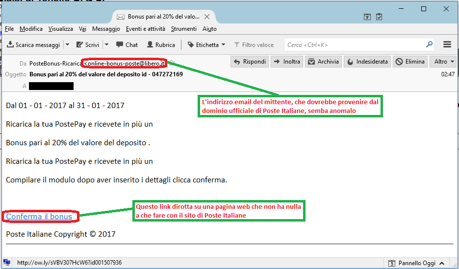 Clicca per ingrandire l'immagine della falsa e-mail di Poste Italiane, che cerca di rubare le credenziali della PostePay dell'ignaro ricevente