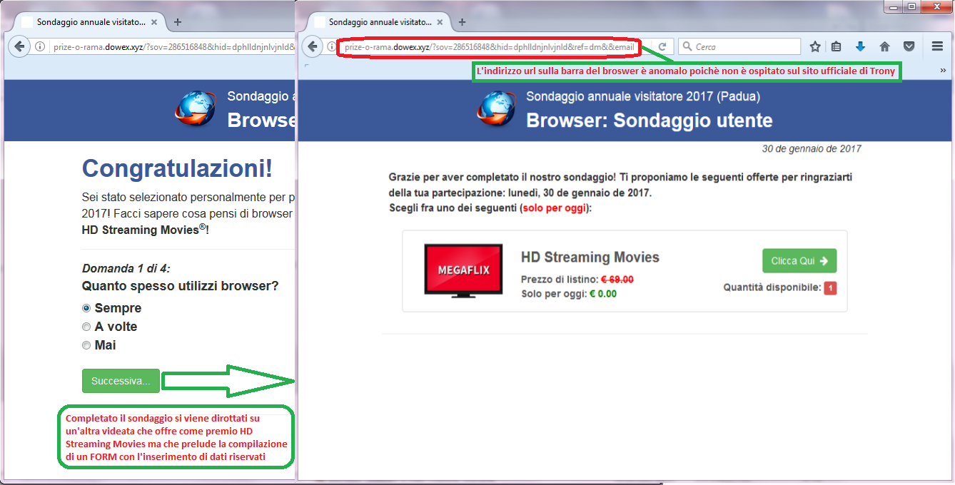 Clicca per ingrandire l'immagine del falso sondaggio di Trony a cui si viene dirottati cliccando sui link ''Vinci Trony'' e ''CLICCA QUI'' che offre la possibilità di vincere HD Streaming Movie ma che in realtà è una TRUFFA!