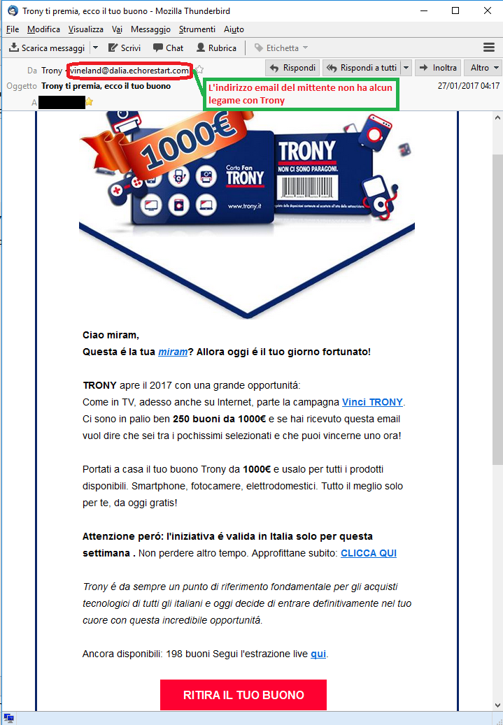Clicca per ingrandire l'immagine della falsa e-mail di TRONY che offre la possibilità di vincere un buono di 1000€ ma in realtà è una TRUFFA!