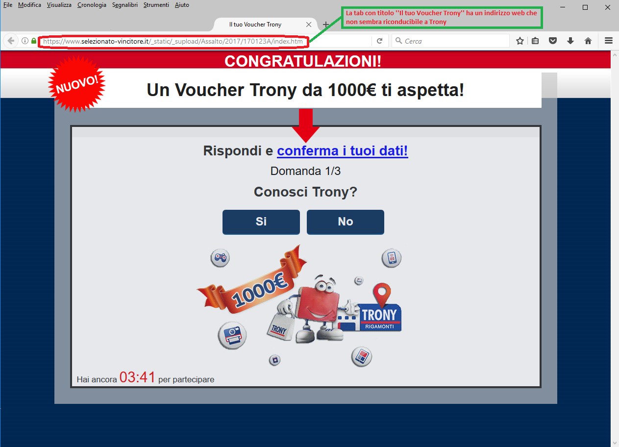 Clicca per ingrandire l'immagine del falso sondaggio di Trony, che offre come premio un buono dal valore di 1000€ ma che in realtà è una TRUFFA!