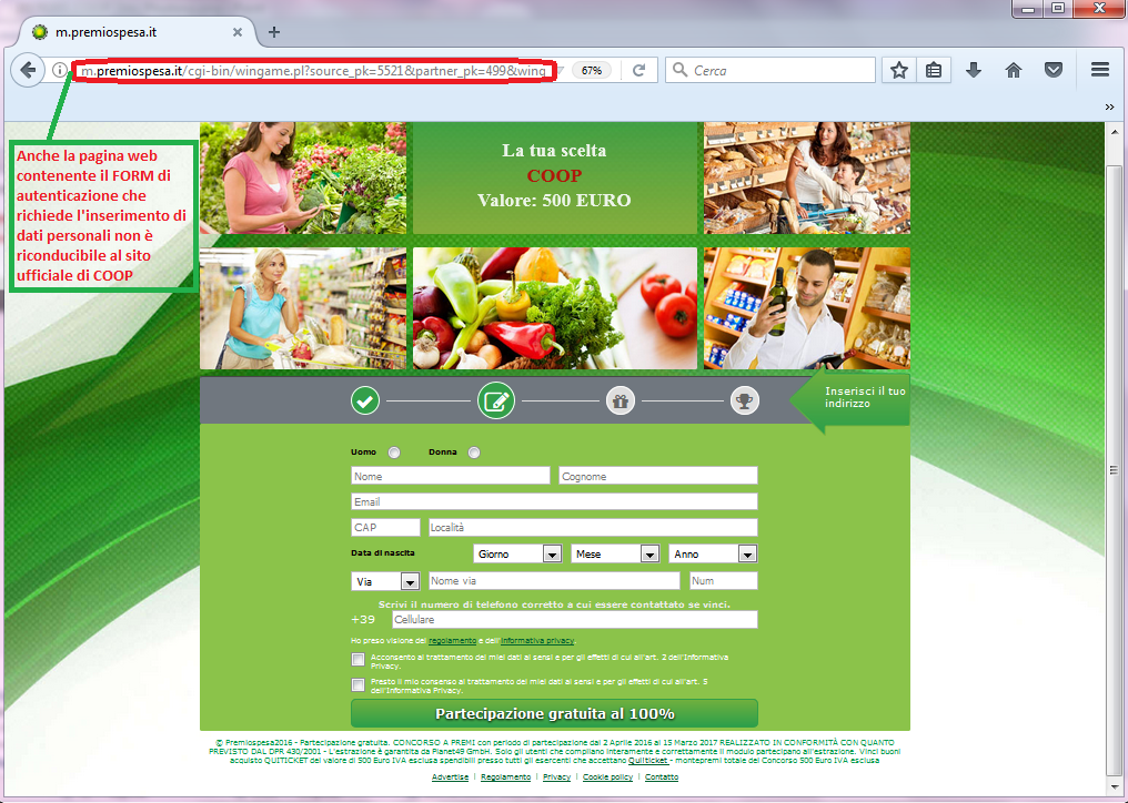 Clicca per ingrandire l'immagine del falso FORM di autenticazione di COOP, che offre come premio un buono spesa di 500€ ma che in realtà è una TRUFFA!