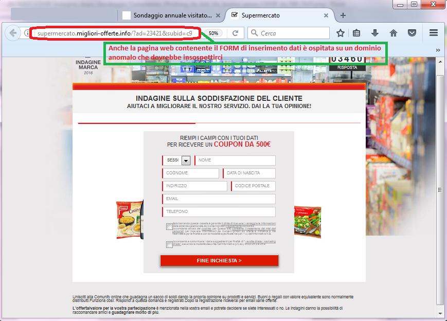 Clicca per ingrandire l'immagine del FORM di autenticazione di COOP a cui si viene dirottati dopo il sondaggio che offre la possibilità di vincere un buono spesa di 500€ ma che in realtà è una TRUFFA!