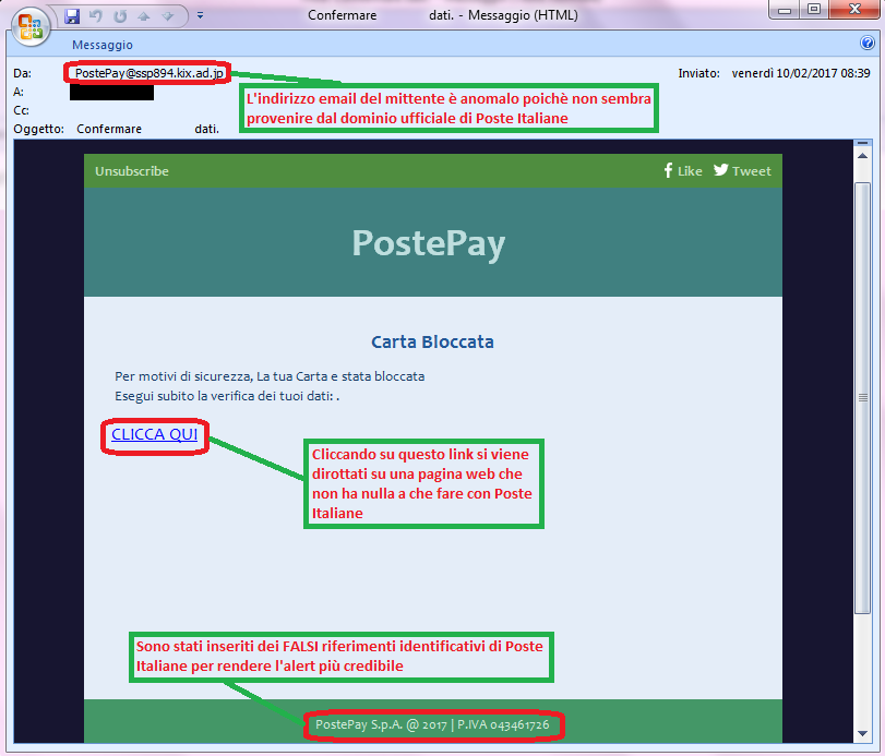 Clicca per ingrandire l'immagine della falsa e-mail di Poste Italiane, che cerca di rubare i codici di accesso al conto corrente online dell'ignaro ricevente