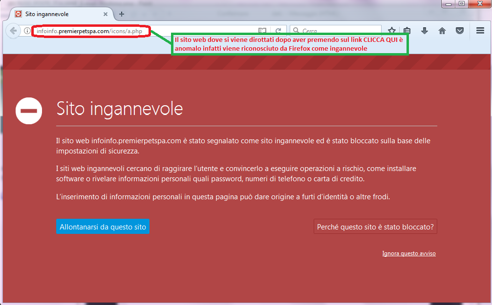 Clicca per ingrandire l'immagine della finestra di Alert di Mozilla Firefox di un sito segnalato come INGANNEVOLE