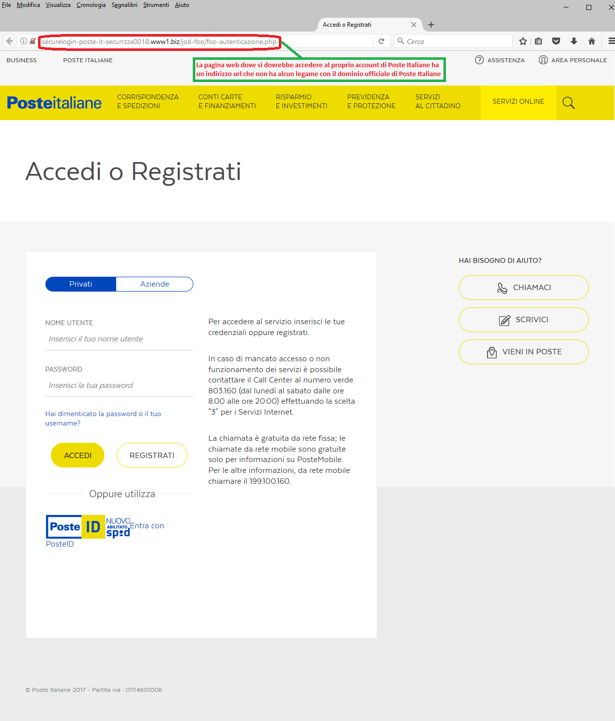 Clicca per ingrandire l'immagine del FALSO form di autenticazione di Poste Italiane, che induce l'ignaro ricevente ad effettuare il login del suo account BancoPosta