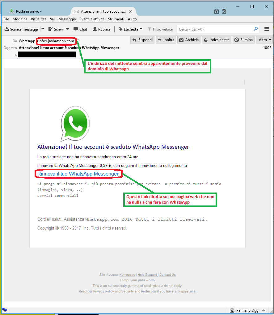 Clicca per ingrandire l'immagine della falsa e-mail di WhastApp Messenger, che cerca di rubare i codici della carta di credito dell'ignaro ricevente