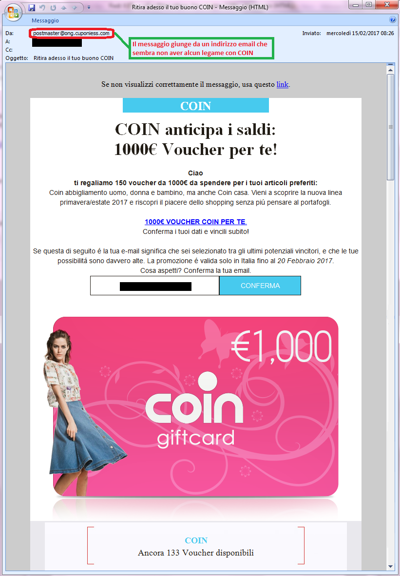 Clicca per ingrandire l'immagine della falsa e-mail di COIN, che offre la possibilità di vincere 1000€ di voucher COIN ma che in realtà è una TRUFFA!