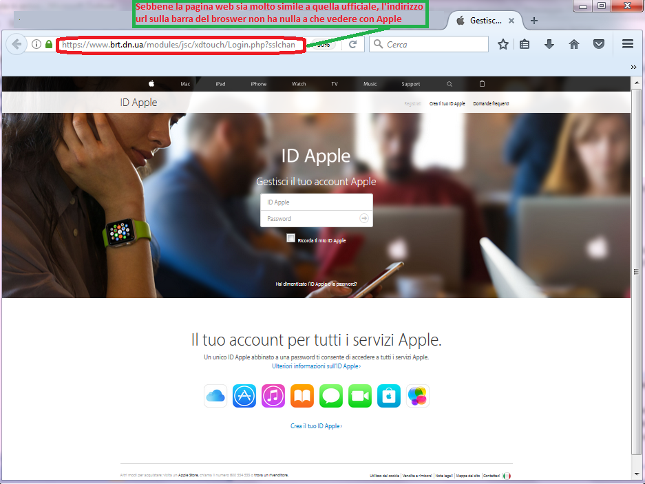 Clicca per ingrandire l'immagine della FALSO sito internet di APPLE, che cerca di indurre il ricevente a cliccare sui link per rubare le credenziali di accesso di Apple ID
