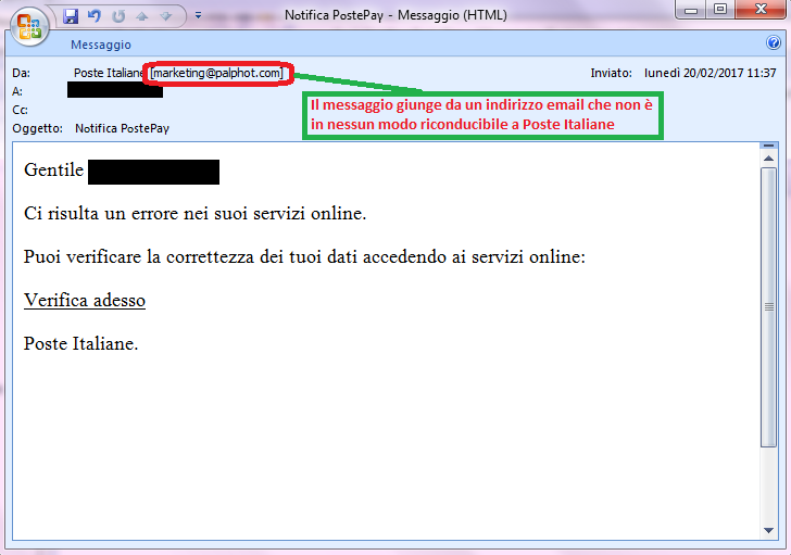 Clicca per ingrandire l'immagine della falsa e-mail di Poste Italiane, che cerca di rubare i codici della PostePay