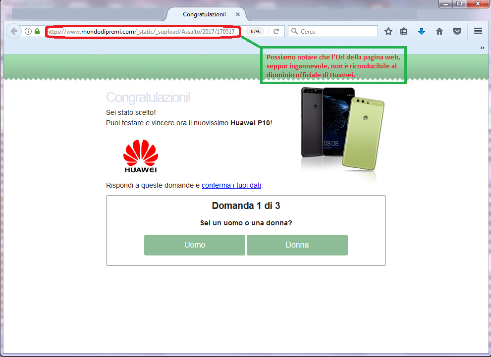 Clicca per ingrandire l'immagine del falso sito di Huawei che invita il ricevente a completare un sondaggio per vincere lo smartphone Huawei P10 ma che in realtà è una TRUFFA!
