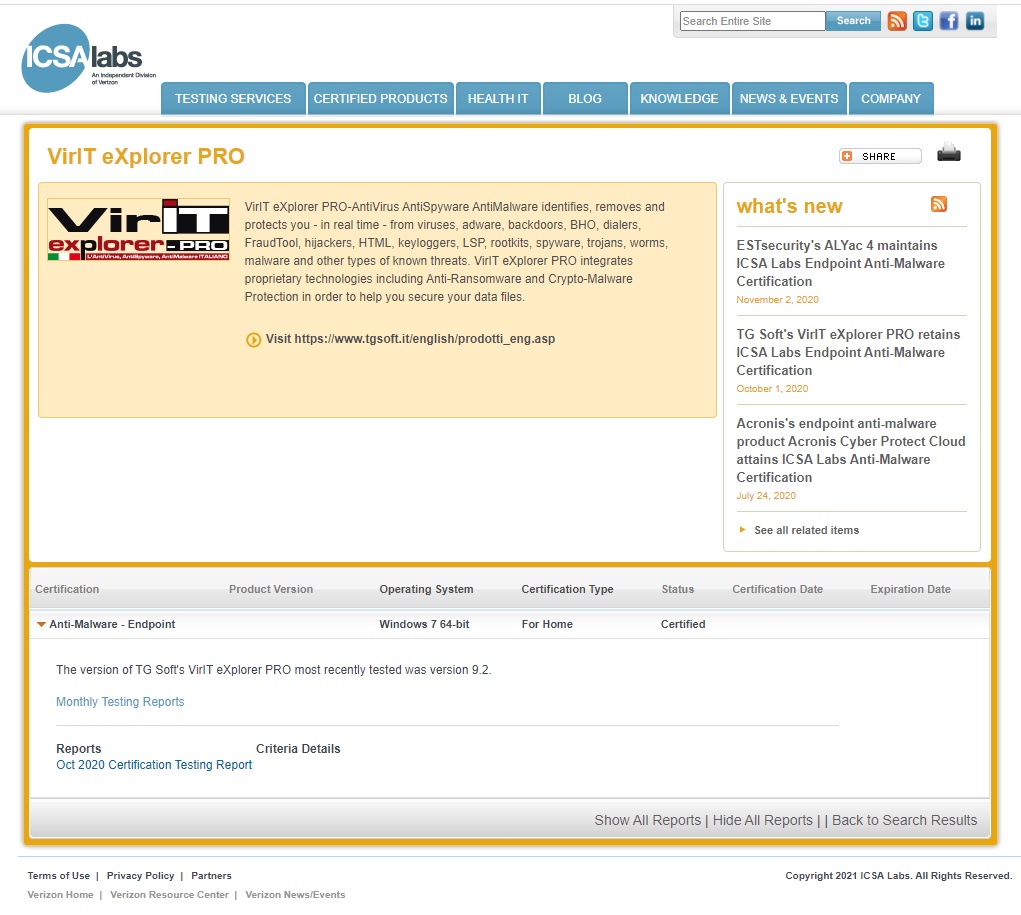 Vir.IT eXplorer PRO certified ICSALabs