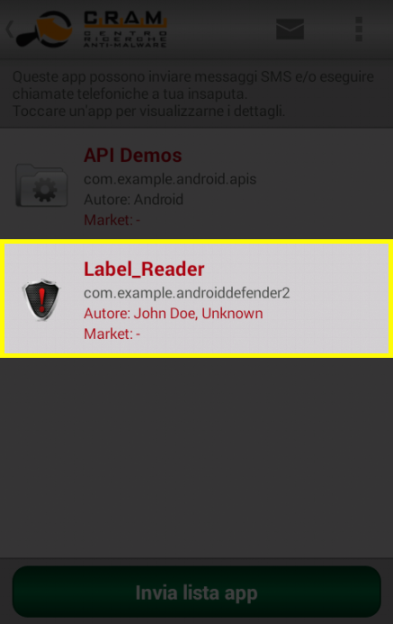CRAM App Analyser: selezione di una specifica app da inviare al C.R.A.M. per l'analisi