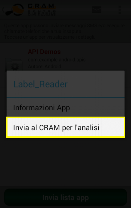 CRAM App Analyser: invio della specifica app al C.R.A.M. per l'analisi