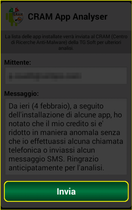 CRAM App Analyser: invio del file di log contenente le app installate al CRAM per l'analisi