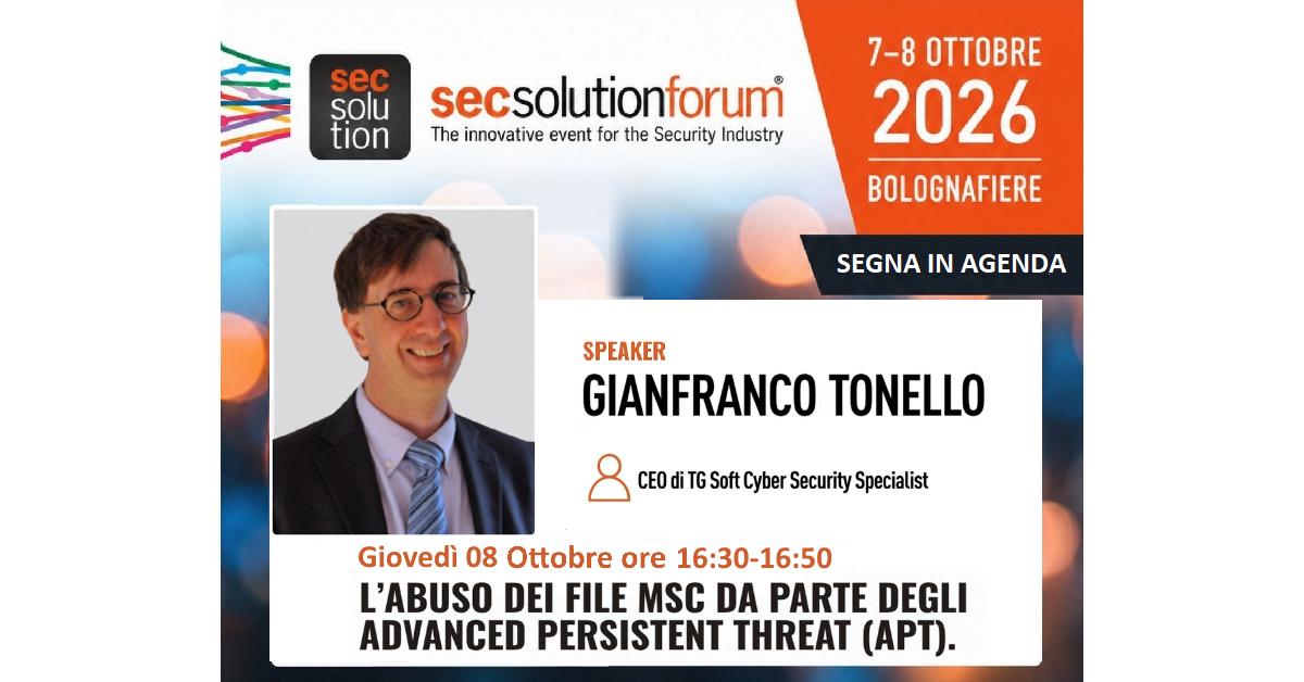 TG Soft sara' presente a SecSolutionForum 2026 BO => TI aspettiamo all'intervento di giovedì 08 ottobre!