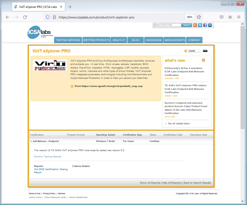 Vir.IT eXplorer PRO certified ICSALabs