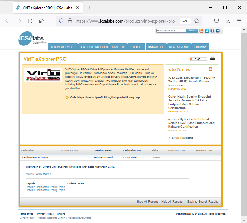 Vir.IT eXplorer PRO versione 9.5.32 testata da ICSALabs