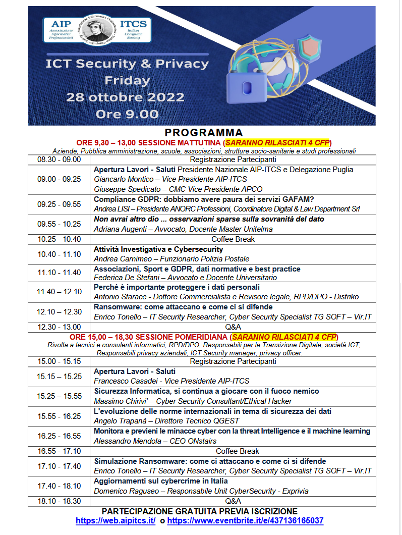 Incontro ICT Security & Privacy Friday =>  28 Ottobre 2022 c/o Centro Congressi ArtHotle & Park Lecce.