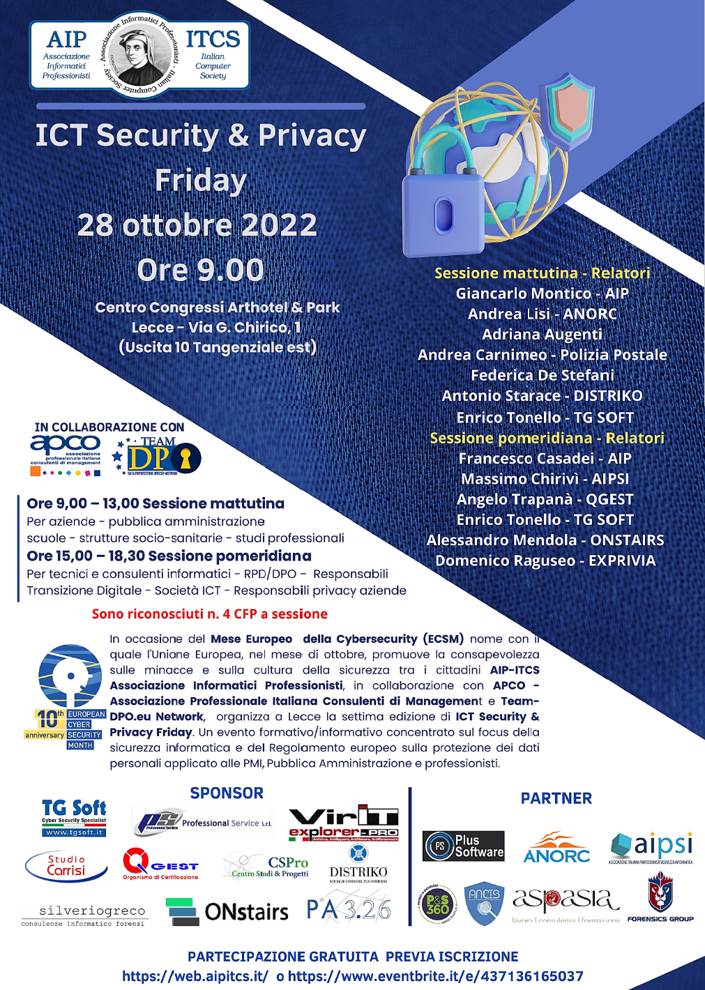 Incontro ICT Security & Privacy Friday =>  28 Ottobre 2022 c/o Centro Congressi ArtHotle & Park Lecce.