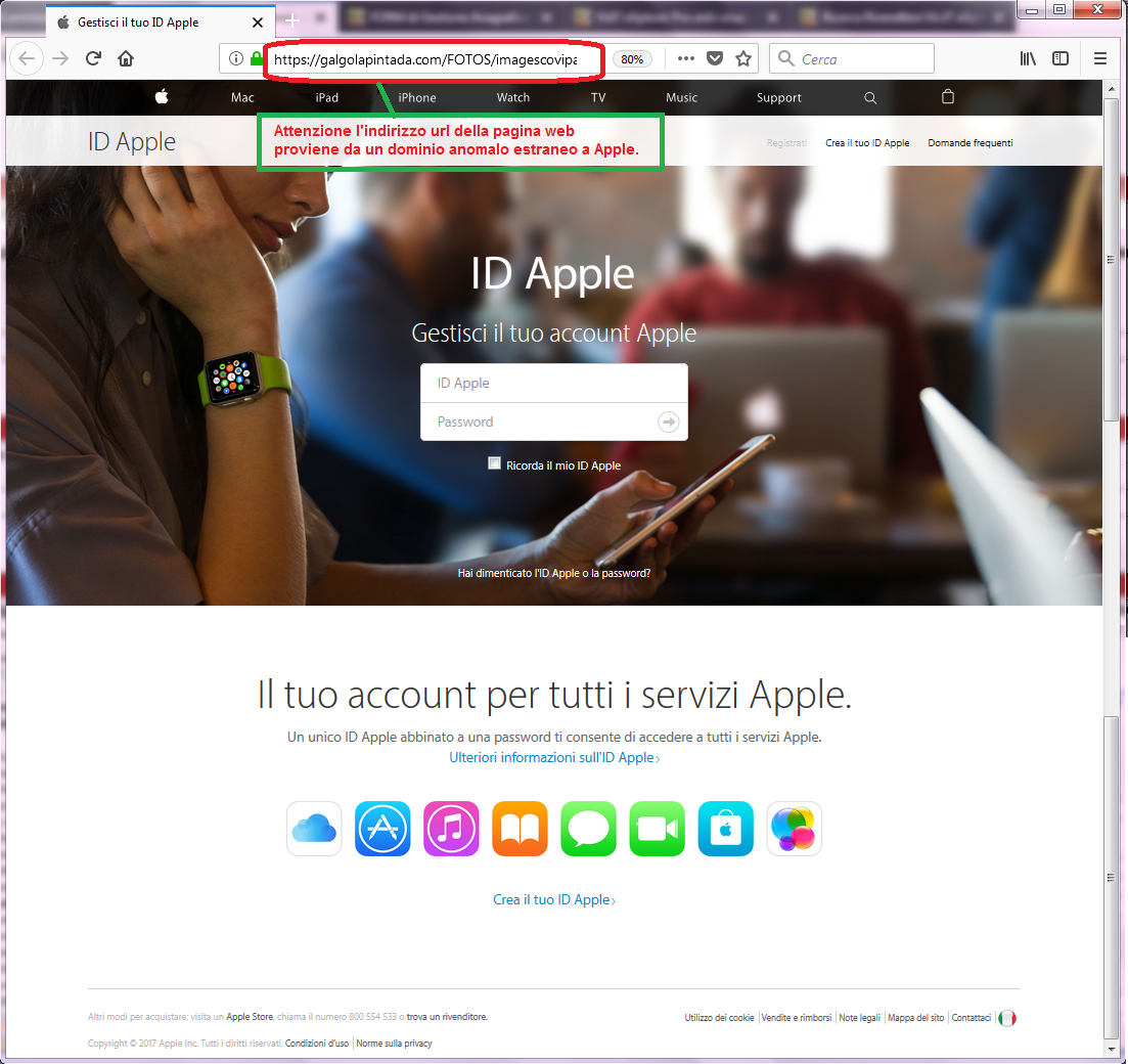 Clicca per ingrandire l'immagine del FALSO sito internet di APPLE, che cerca di indurre il ricevente a cliccare sui link per rubare le credenziali di accesso di Apple ID