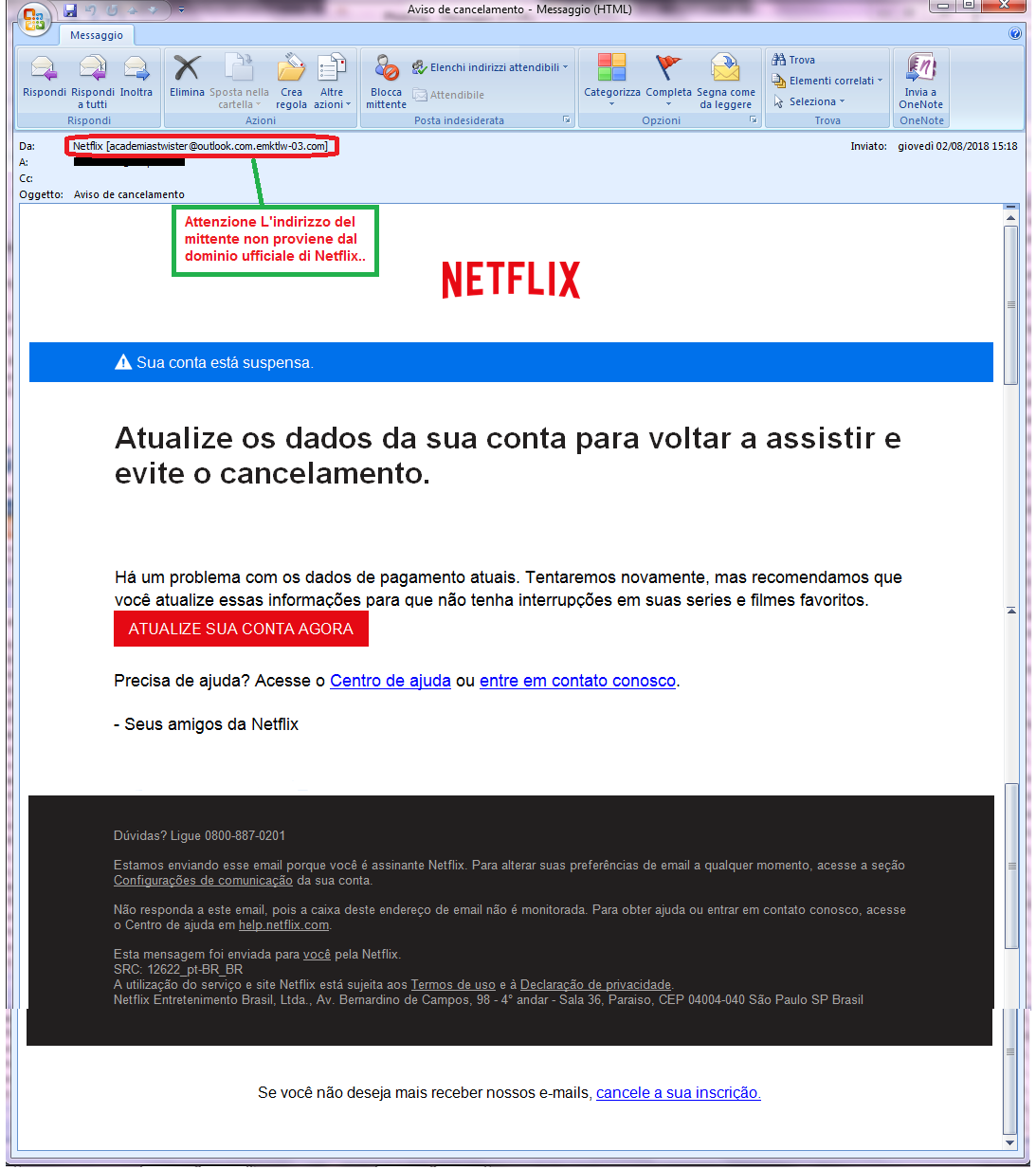Clicca per ingrandire l'immagine della falsa e-mail di Netflix, che cerca di rubare i codici della carta di credito dell'ignaro ricevente