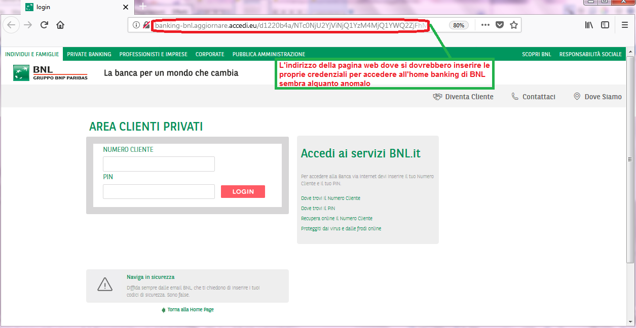 Clicca per ingrandire l'immagine del FALSO sito internet di BNL, che cerca di indurre il ricevente a inserire le credenziali del suo conto corrente online